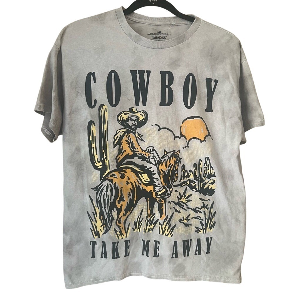 Women's Graphic Tee  "Cowboy Take Me Away" Tie Dye Grey Size Large NEW